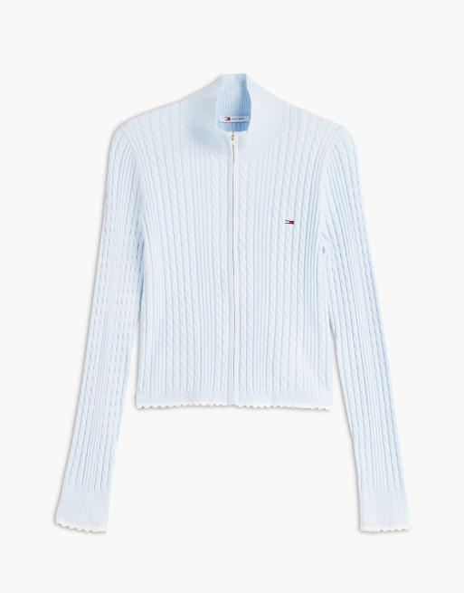 Tommy Jeans pull slim zippé en tricot torsadé fin bleu translucide, 5 de 5