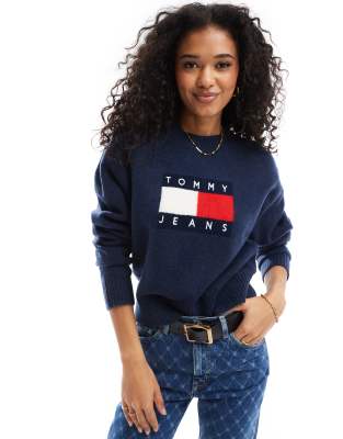 Tommy Jeans - Pullover in Marineblau meliert mit Flaggenlogo