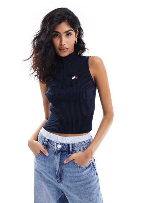 Tommy Jeans – Pullover in Marineblau mit kurzem Reißverschluss und Aufnäher