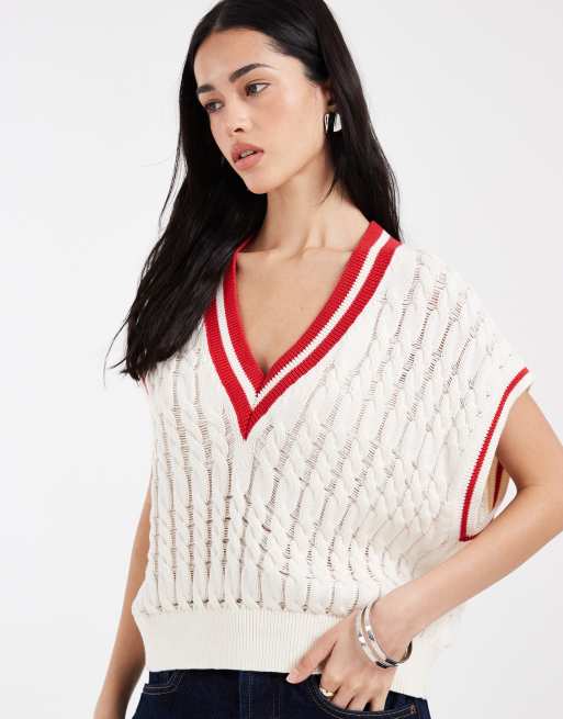 Tommy Jeans - Pullover smanicato in maglia a trecce color crema con bordi a contrasto