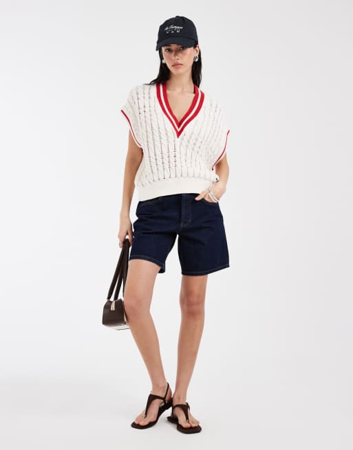 Tommy Jeans - Pullover smanicato in maglia a trecce color crema con bordi a contrasto, 2 di 4