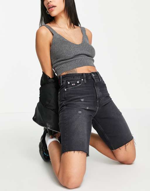 Tommy Jeans raw hem denim knee short in black ASOS