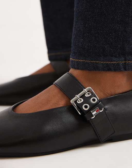 Tommy Jeans real leather ballerina flats with buckles in black, 3 of 4
