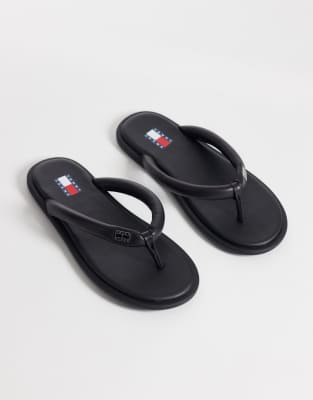 Tommy Jeans Real Leather Flip Flops In Black