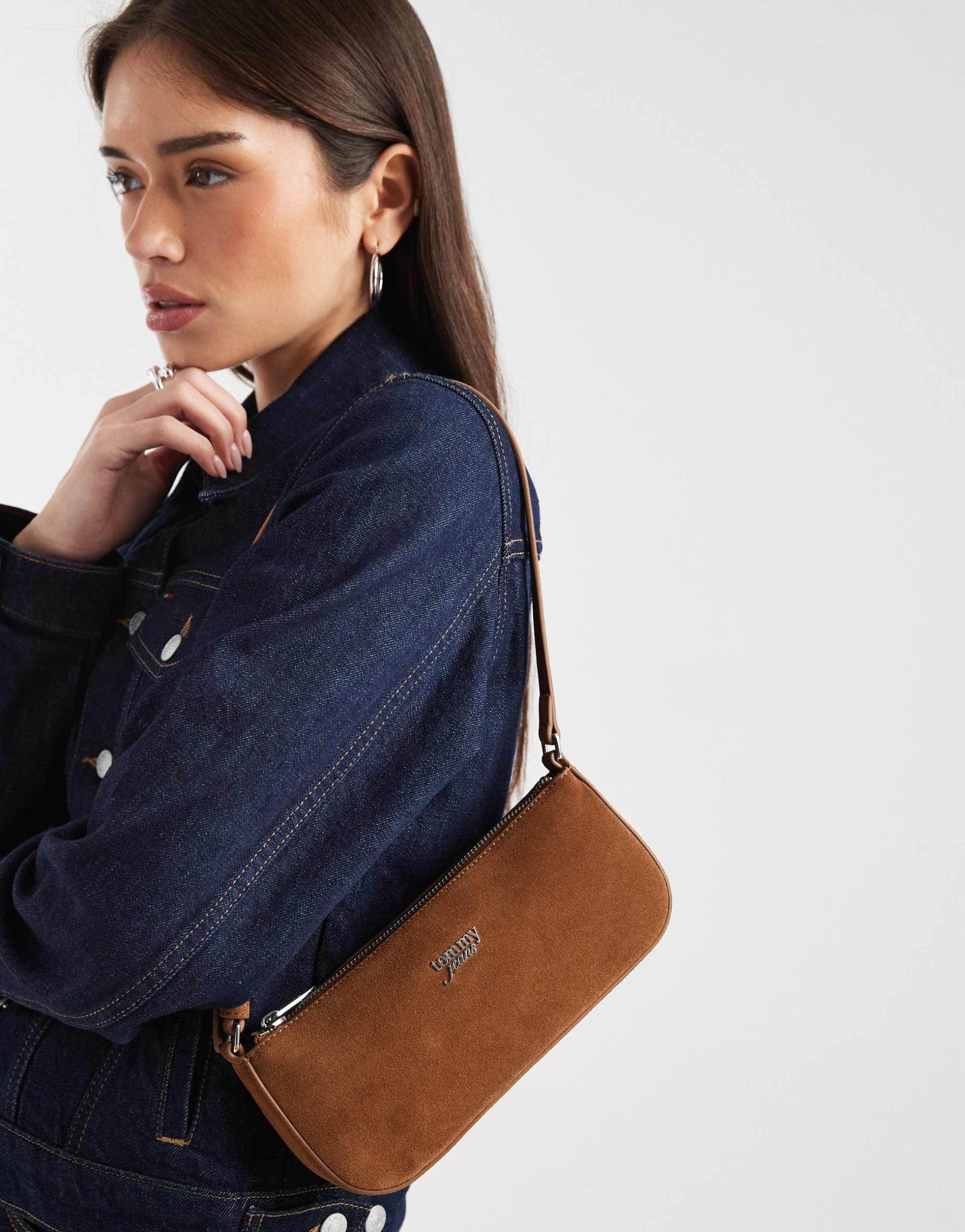 tommy jeans real suede shoulder bag in tan