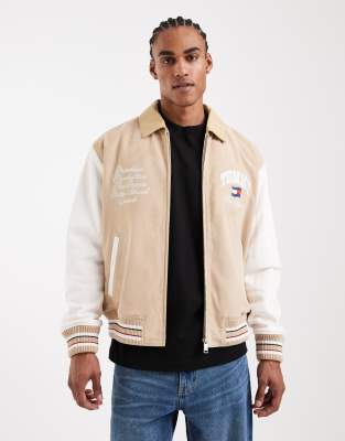 Tommy Jeans real suede varsity jacket in beige-Neutral