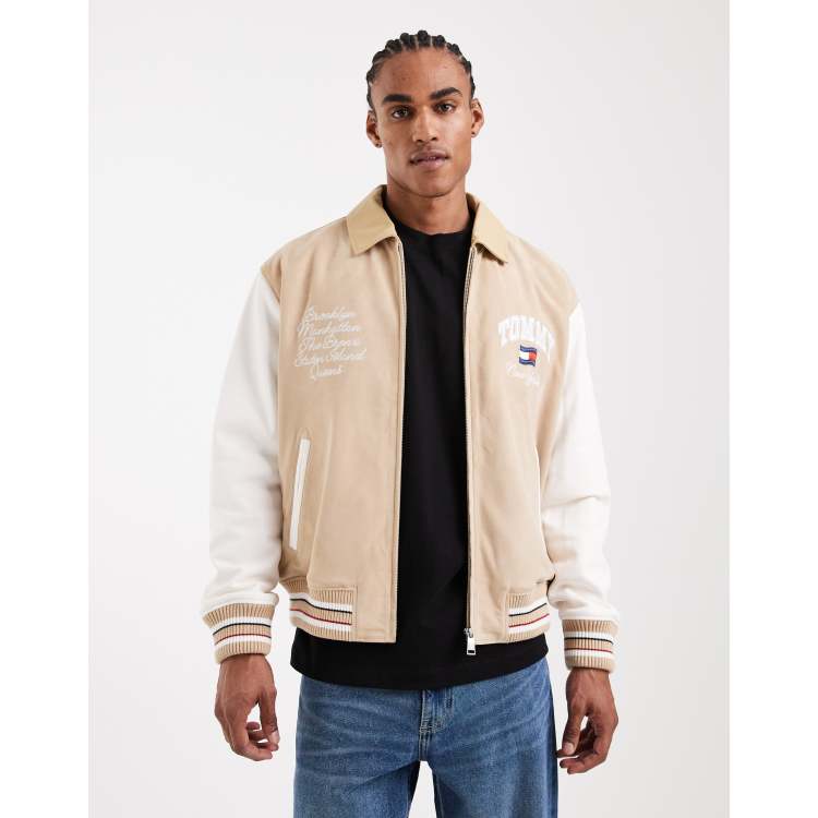 Tommy Jeans real suede varsity jacket in beige | ASOS