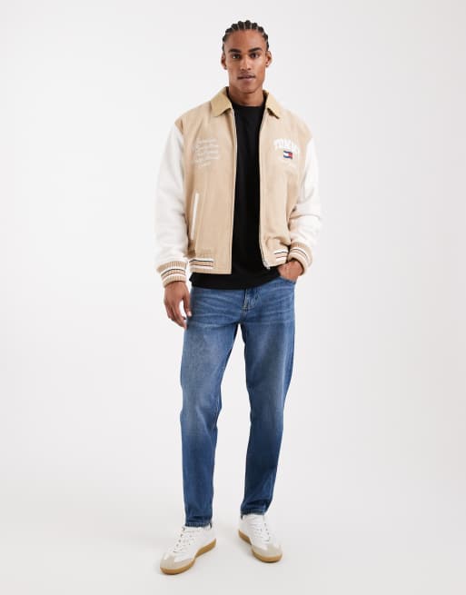 Tommy Jeans real suede varsity jacket in beige, 2 of 5