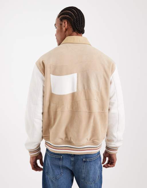 Tommy Jeans real suede varsity jacket in beige, 3 of 5