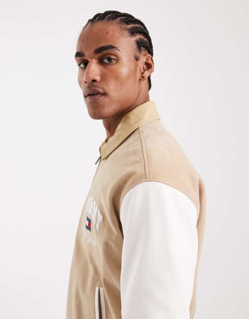 Tommy Jeans real suede varsity jacket in beige, 4 of 5