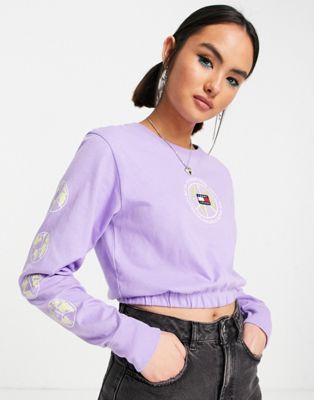 Tommy Jeans cotton crop elastic hem top in lilac - LILAC