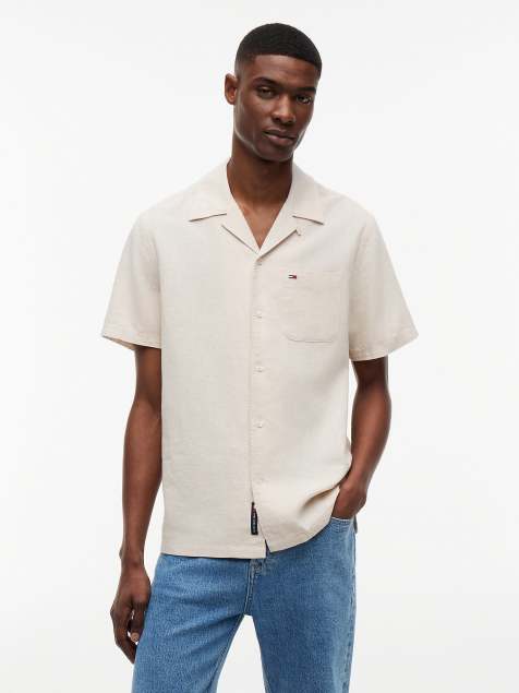 Tommy Jeans Regular fit linen blend short sleeve shirt in beige - view 1