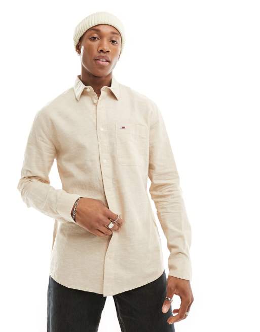 Tommy Jeans - Regular-fit overhemd van linnenmix in zandkleur