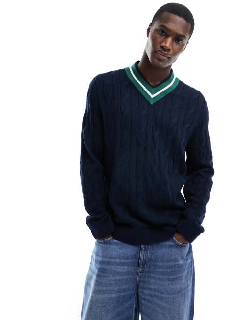 Tommy Jeans - Regular kabeltrui met v-hals in donkerblauw