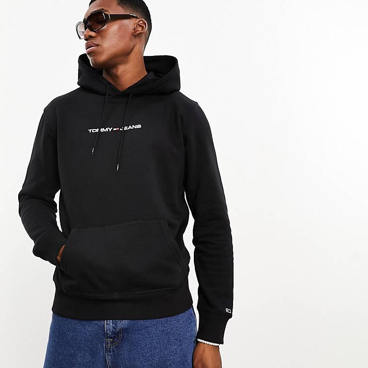Tommy Jeans regular linear logo hoodie in black | ASOS