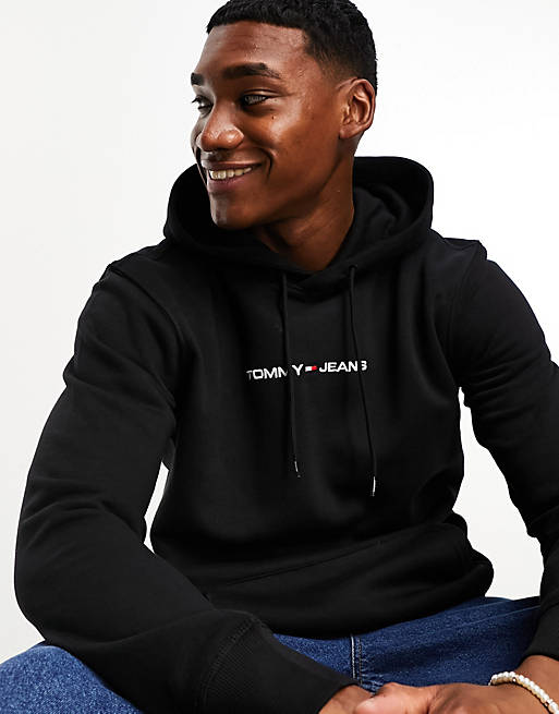 Tommy Jeans regular linear logo hoodie in black | ASOS