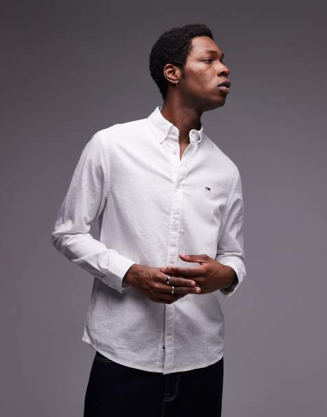 Tommy Jeans regular linen long sleeve shirt in white