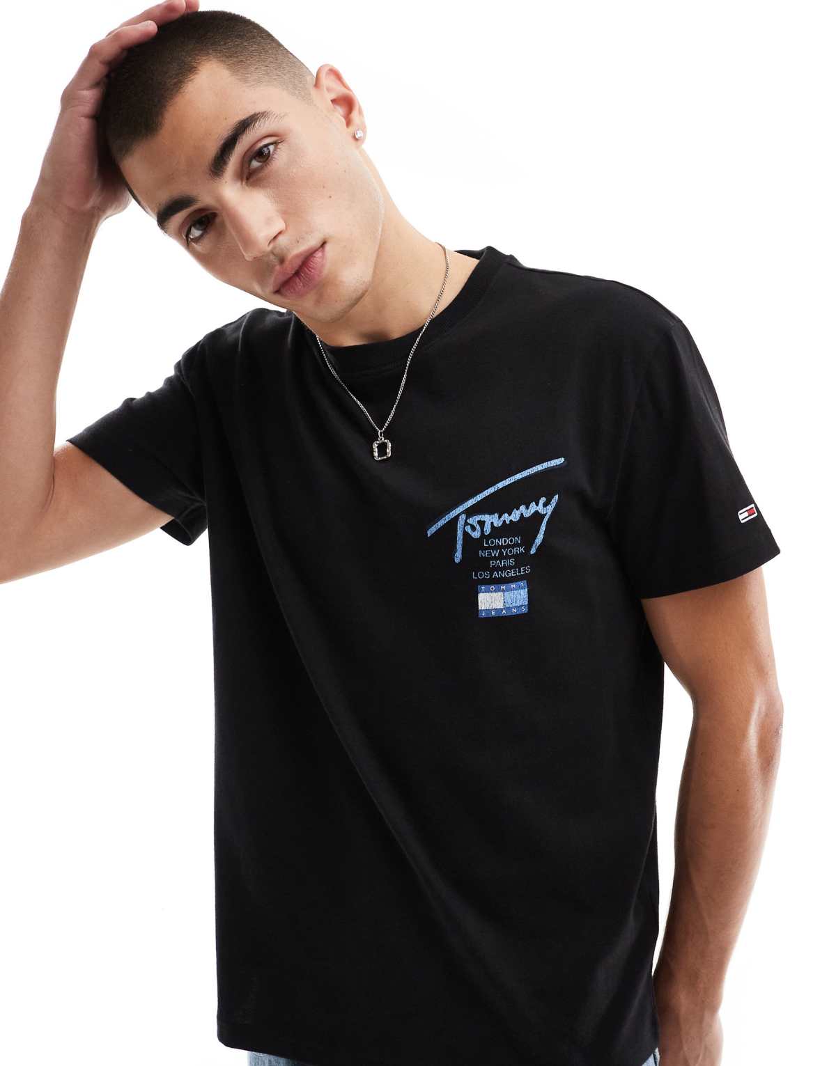 Tommy Jeans regular signature back print t-shirt in black and blue