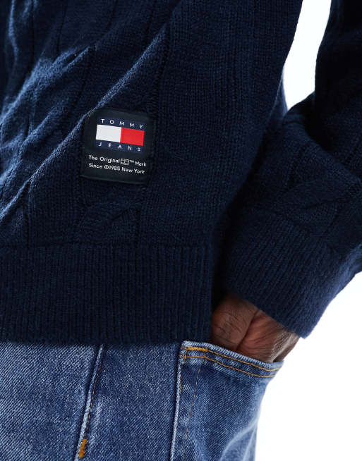 Tommy Jeans regular v neck cable jumper in navy