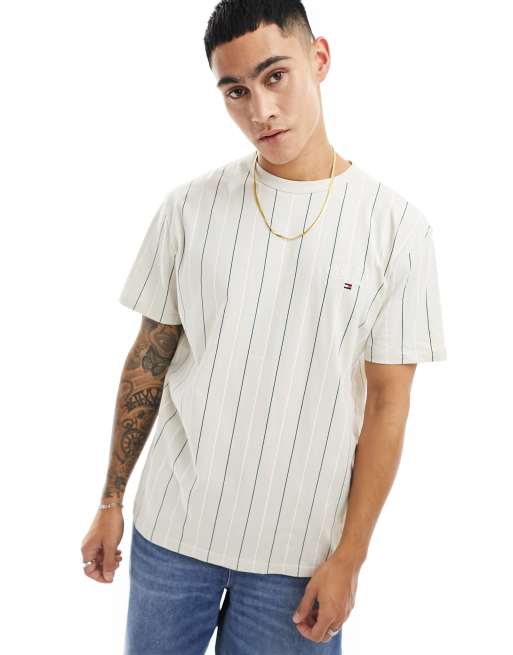 Tommy Jeans regular varsity pinstripe tank top in off white | ASOS