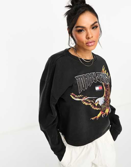 Buy Printed Cropped Boxy Sweatshirt with Crew Neck and Long