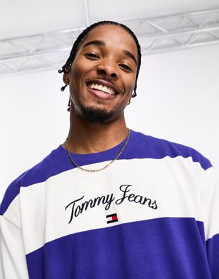 Tommy Jeans relaxed curved serif flag logo t-shirt in blue stripe