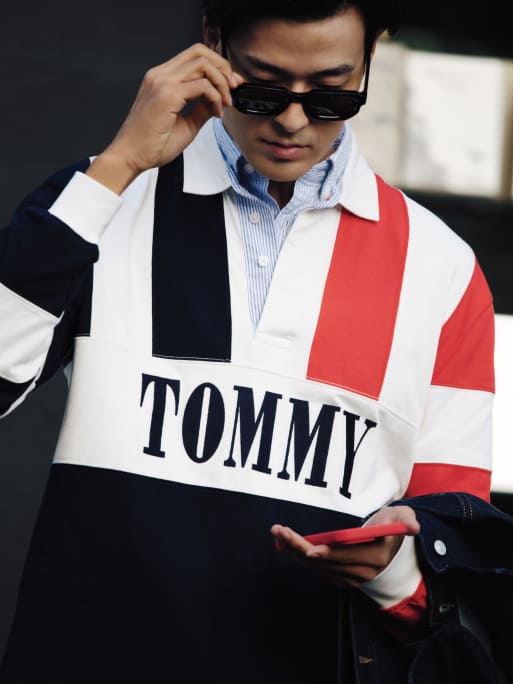 Tommy Jeans relaxed fit archive rugby shirt in navy & red stripe, 2 of 6