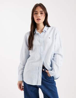 Tommy Jeans Relaxed Fit Linen Blend Shirt In Blue