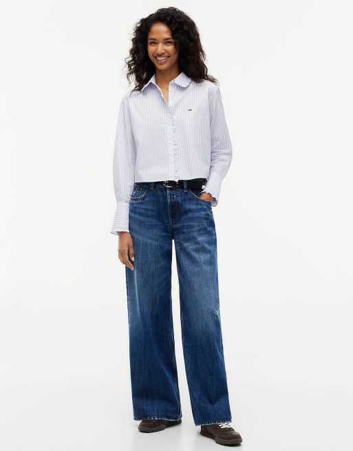 Tommy Jeans Relaxed fit ruffle poplin shirt in blue / stripe, 2 of 6