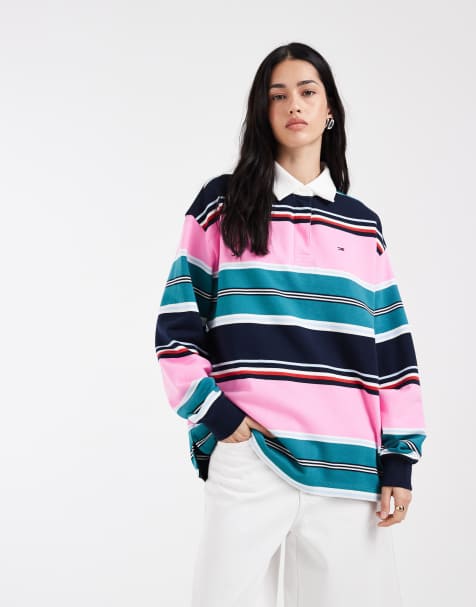 Tommy Jeans relaxed fit rugby shirt in pink/green stripe - view 1
