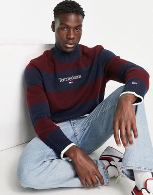 Tommy Jeans relaxed fit serif logo stripe knit jumper in burgundy