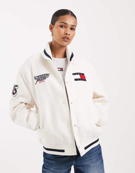 Tommy Jeans relaxed fit varsity jacket in off white