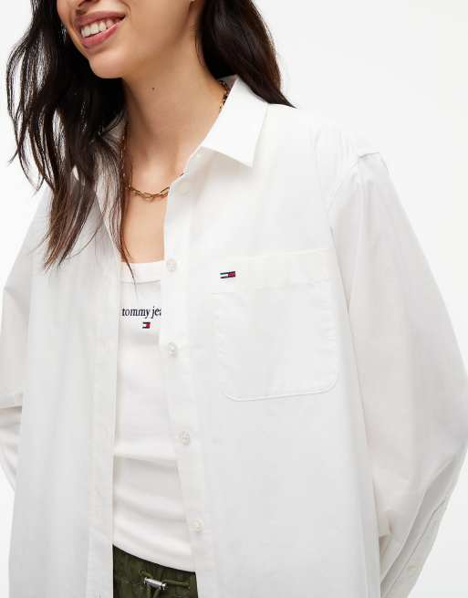 Tommy Jeans Relaxed fit yarn dyed poplin shirt in white, 3 of 6