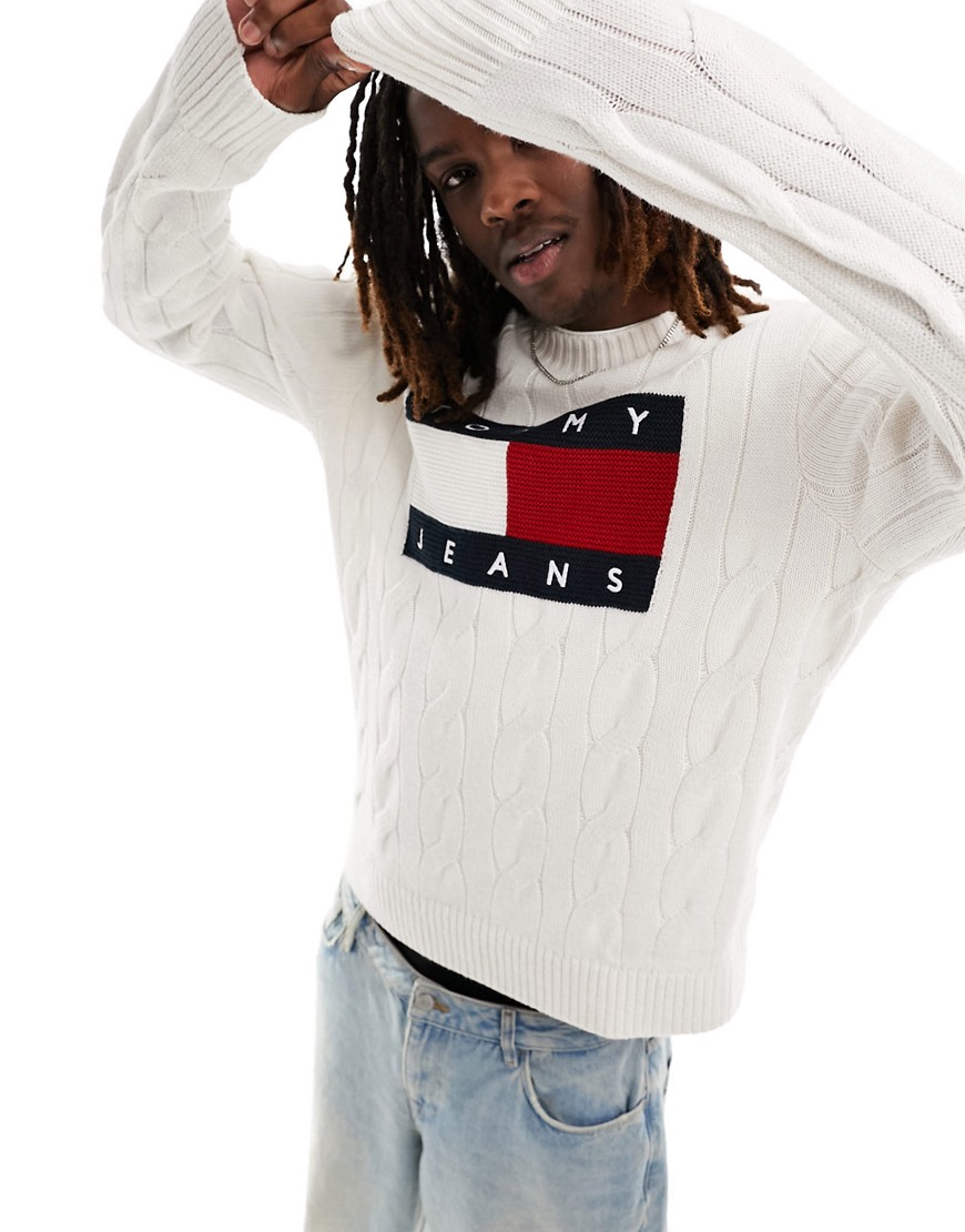Tommy Jeans relaxed flag cable knit jumper in white