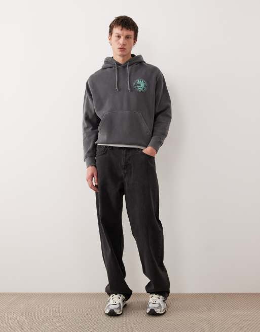 Tommy Jeans relaxed graphic chest logo hoodie in washed black , 2 of 5