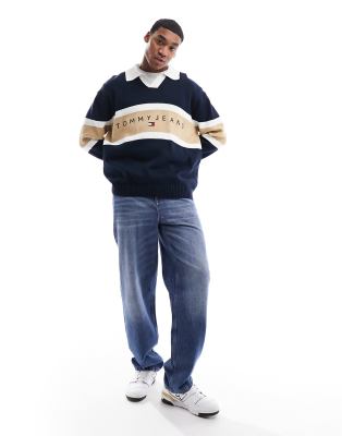 Tommy Jeans Tommy Jeans relaxed knitted trophy neck rugby shirt in navy