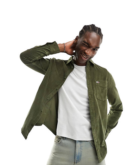 Tommy Jeans relaxed logo corduroy shirt in olive green | ASOS