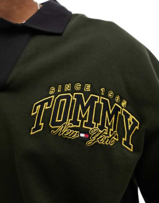 Tommy Jeans relaxed luxe varsity rugby shirt in green, 2 of 4