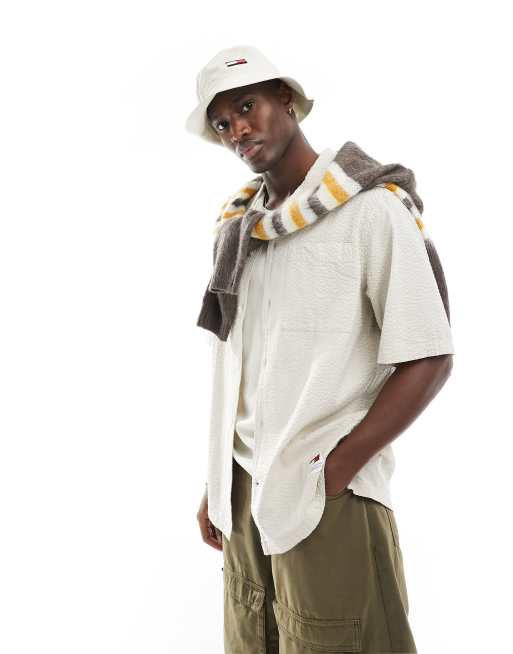 Tommy Jeans relaxed seersucker camp shirt in off white