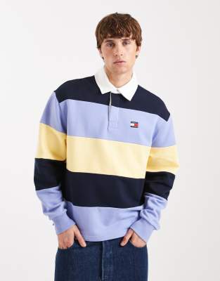 Tommy Jeans Relaxed Striped Flag Logo Rugby Sweater In Blue