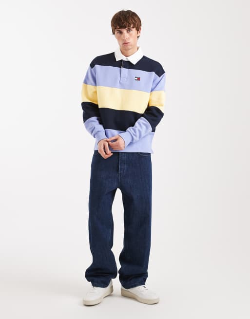 Tommy Jeans relaxed striped flag logo rugby sweater in navy / lilac / yellow , 2 of 5