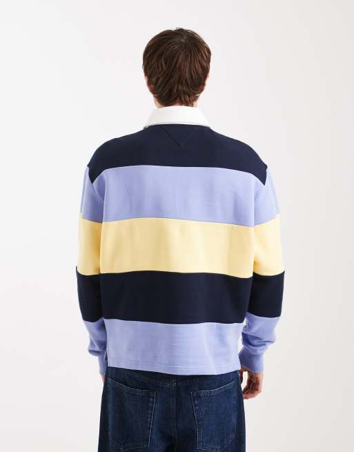 Tommy Jeans relaxed striped flag logo rugby sweater in navy / lilac / yellow , 3 of 5