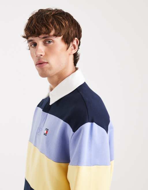 Tommy Jeans relaxed striped flag logo rugby sweater in navy / lilac / yellow , 4 of 5