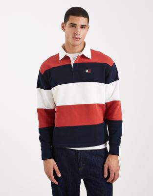 Tommy Jeans Relaxed Striped Flag Logo Rugby Sweater In Multi