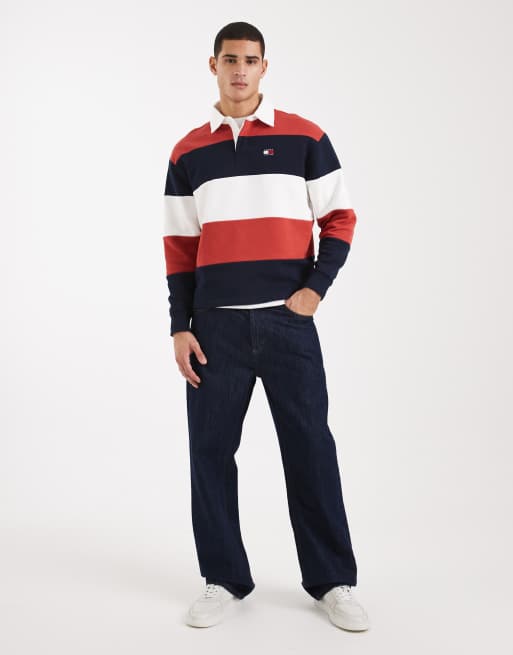 Tommy Jeans relaxed striped flag logo rugby sweater in red / navy / white , 2 of 5