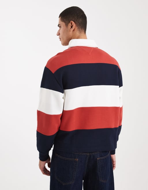 Tommy Jeans relaxed striped flag logo rugby sweater in red / navy / white , 3 of 5