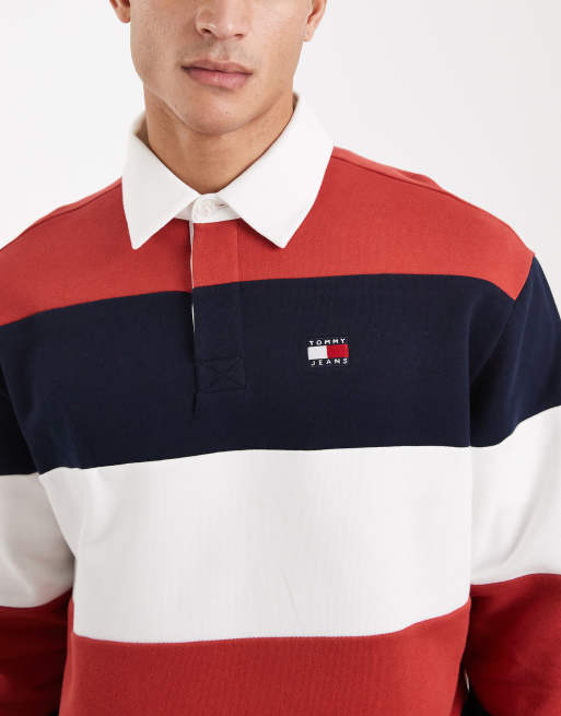 Tommy Jeans relaxed striped flag logo rugby sweater in red / navy / white , 4 of 5