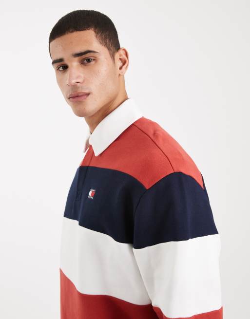 Tommy Jeans relaxed striped flag logo rugby sweater in red / navy / white , 5 of 5