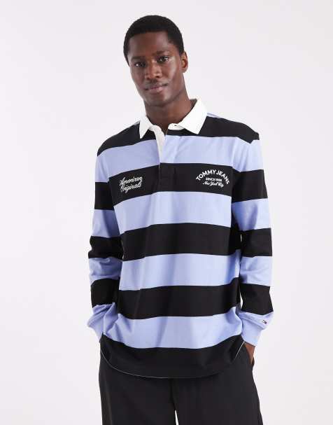Tommy Jeans relaxed striped script logo rugby polo shirt in blue - view 1