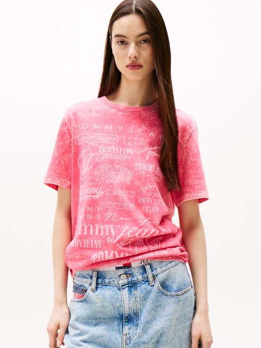 Tommy Jeans – Relaxed T-Shirt in Pink mit mehreren Logos